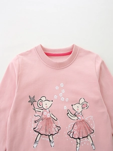 Pink cotton long sleeve sweatshirt for girls featuring cute ballet mouse cartoon print