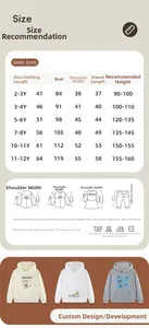 Detailed size chart for kids hooded sweatshirts with washing care instructions