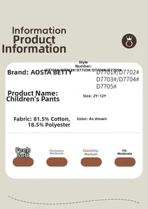 Size chart for kids cotton sports pants showing fabric composition and age range 2Y-12Y