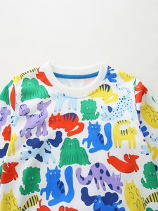 Kids round neck sweatshirt with colorful cartoon cat and dog prints on white fabric