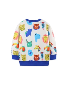 Cream knit cotton boy sweatshirt with colorful animal prints and navy ribbed edges