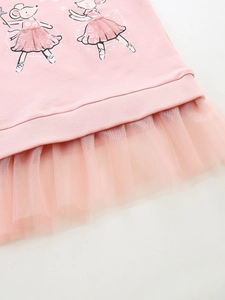 Pink girls' sweatshirt with cartoon mouse ballerina and mesh tulle hem detail