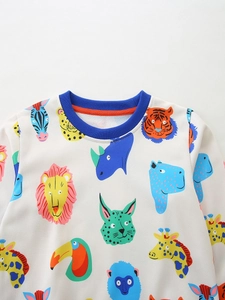 Kids long sleeve crewneck sweatshirt with colorful cartoon animal print and blue ribbed collar