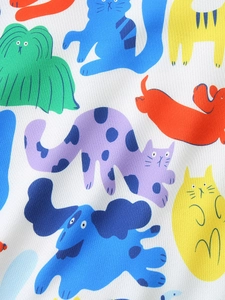 Kids sweatshirt with colorful hand-drawn cartoon animal prints on white fabric