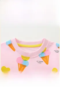 Close-up of pink girls' sweatshirt featuring ribbed round neckline and ice cream print