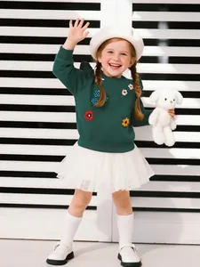 Girls Cute Floral Embroidery Sweatshirt Long Sleeve Flutter Shoulder Ruffle Pullover Autumn Cotton Kids Sweatshirt Top Green