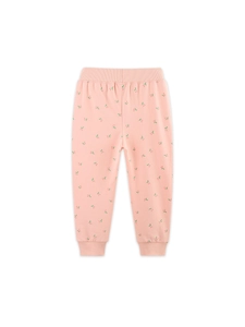 Pink toddler joggers with cherry print, elastic waist and ribbed cuffs for daily wear