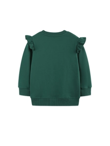 Flat lay of a dark green girl's sweatshirt featuring floral print and ruffle sleeves decoration