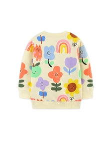 Felpa per bambine in cotone giallo con stampe colorate di fiori e graziosi gattini
