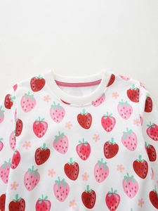 Sweatshirt blanc pour filles avec motifs fraises, haut à manches longues et col rond