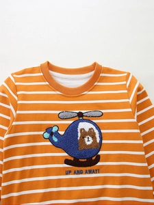 Gestreifter orange-weißer Jungen-Pullover mit Hubschrauber-Teddybär-Stickerei