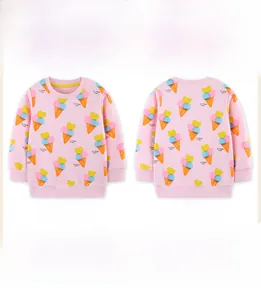 Flat lay view of girl's pink long-sleeve sweatshirt with ice cream cone pattern and rib knit cuffs