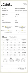 Detailed size guide and fabric care instructions for girls floral cartoon cotton sweatshirt