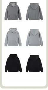 Front and back views of kids hooded sweatshirts in dark grey, light grey, and black