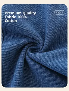 Detailed close-up of dark blue 100% cotton denim fabric texture and twill weave