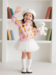 Girls Cute Ice Cream Printed Cotton Sweatshirt Casual Long Sleeve Round Neck Pullover Top For Toddler Kids Autumn Clothing