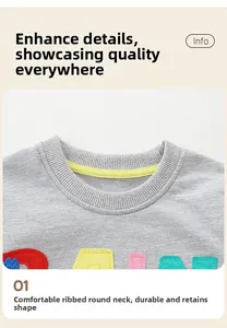 Detail view of children's grey sweatshirt featuring colorful letter patches and ribbed neckline