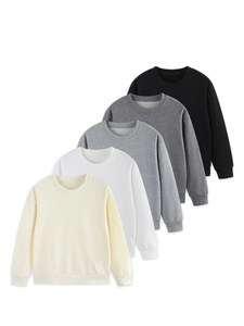 Five solid color crewneck sweatshirts for kids in cream, white, gray, and black colors