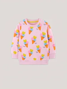 Pink cotton sweatshirt for girls with cute ice cream team print and ribbed round neck