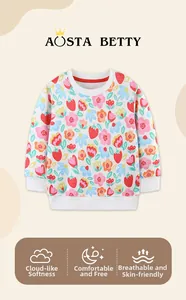 Detailed view of kids sweatshirt with strawberry print and white ribbed cuffs