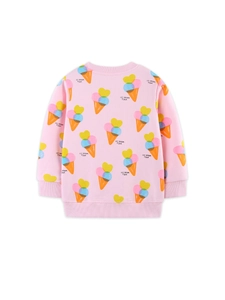 Pink girls cotton sweatshirt with colorful ice cream team print and ribbed round neck