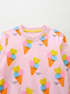 Pink girl sweatshirt with ice cream team print and round neck long sleeves casual top