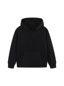 Classic black kids hoodie featuring a soft cotton fabric with a kangaroo pocket and hood