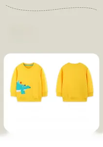 Detail view showing front and back of yellow kids sweatshirt with dinosaur print