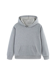 Classic heather grey kids hooded sweatshirt featuring a front kangaroo pocket and ribbed cuffs