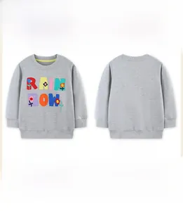 Flat lay of gray kids sweatshirt showing RAINBOW applique and flower embroidery detail