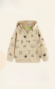 Detail of light beige toddler hoodie featuring playful black graffiti prints and zipper