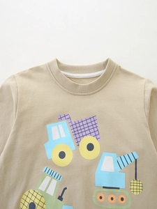 Sudadera de algodón beige para niños con estampados coloridos de camiones de construcción