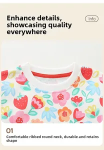 Detail of ribbed crew neck with strawberry print on girls' beige sweatshirt