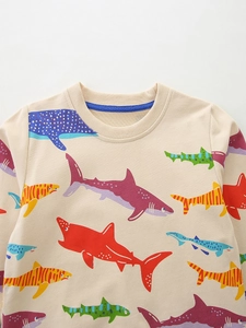 Boys long sleeve shark print sweatshirt in cream cotton knit with ribbed crew neck
