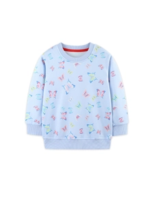 Felpa azzurra per bambina con stampa di farfalle colorate e girocollo a costine