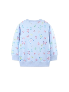Felpa celeste da bambina con stampe di farfalle colorate e polsini a coste elasticizzati