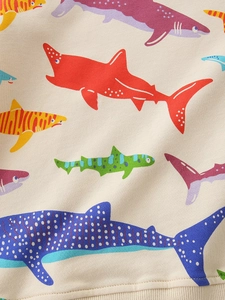 Boys' autumn cotton sweatshirt featuring colorful cartoon shark prints and ribbed hem