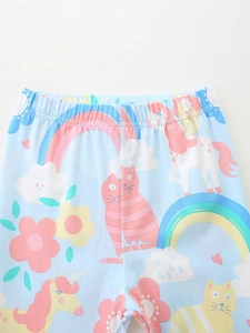 Toddler girls leggings with cute unicorn cat and rainbow prints in soft light blue knit