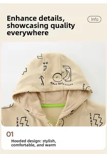 Detail of children's beige hoodie with black cartoon graffiti and durable white zipper