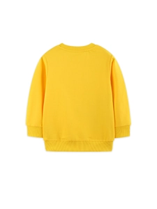 Back view of a vibrant yellow round neck sweatshirt for boys featuring ribbed cuffs and hem