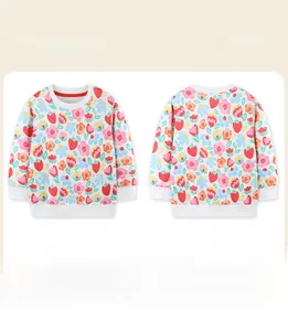 Flat lay of girl's strawberry sweatshirt showing front and back view with ribbed cuffs