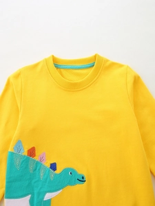 Boys long-sleeve yellow cotton sweatshirt with a colorful dinosaur embroidery pattern