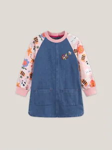 Girls long sleeve denim dress with cartoon print sleeves and floral embroidery