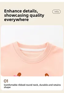 Détail du col rond côtelé et de la bande de propreté sur un sweat rose pour enfant