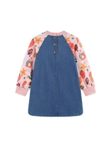 Girls long-sleeve denim princess dress with colorful cartoon strawberry patterns