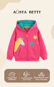 Detail of soft cotton unicorn embroidery and zipper on girl's pink hooded sweatshirt
