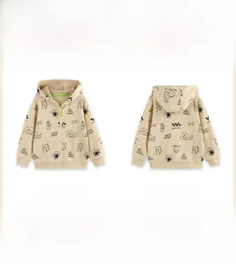 Front and back view of beige kids zip-up hoodie with graffiti print and ribbed cuffs