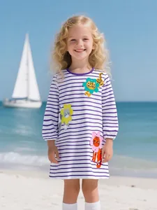 Mädchen Baumwolle Langarm Gestreiftes Kleid Cartoon Tier Applikation Patchwork Prinzessin Partykleid Für Kleinkinder Kinder Lila Weiß