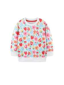 White toddler girl sweatshirt with vibrant red strawberry and floral all-over print