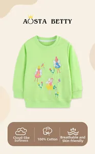 Close-up of 100% cotton green kids sweatshirt with fairy and flower embroidery detail